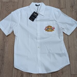$1100 Mens VERSACE Logo Crest Cotton Button Up Shirt White 50 US Large